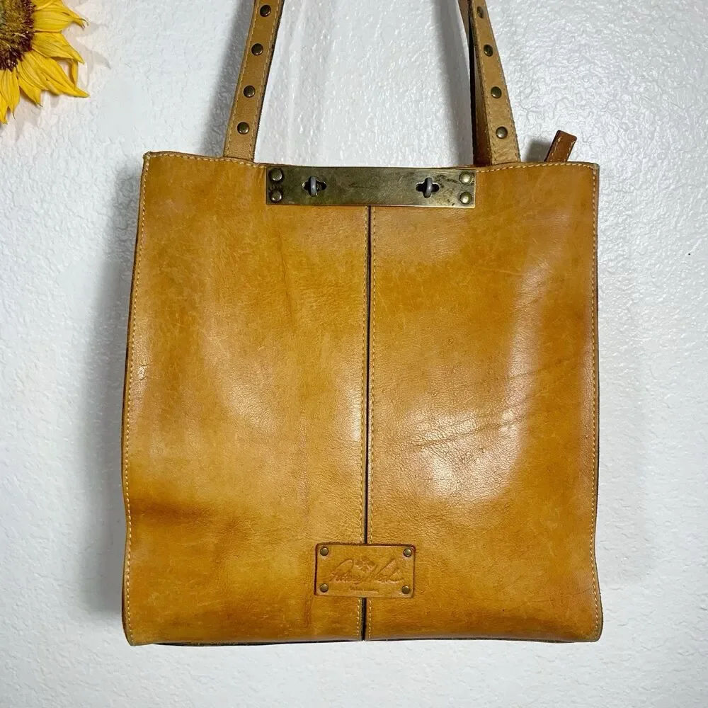 Patricia Nash Cognac Leather Studded Strap Turn Lock Women’s Shoulder Bag Purse